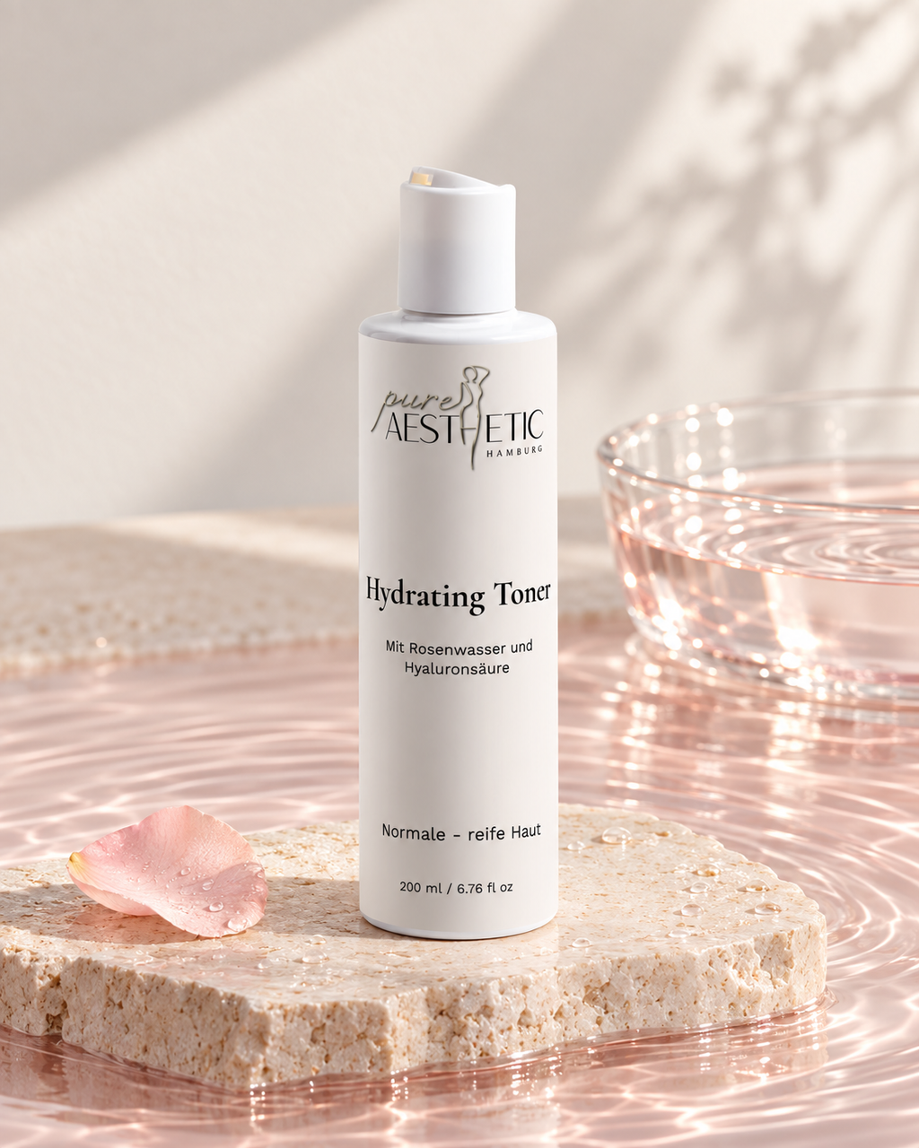 Pure Skin Care Hydrating Toner mit Rosenwasser in Studio-Inszenierung